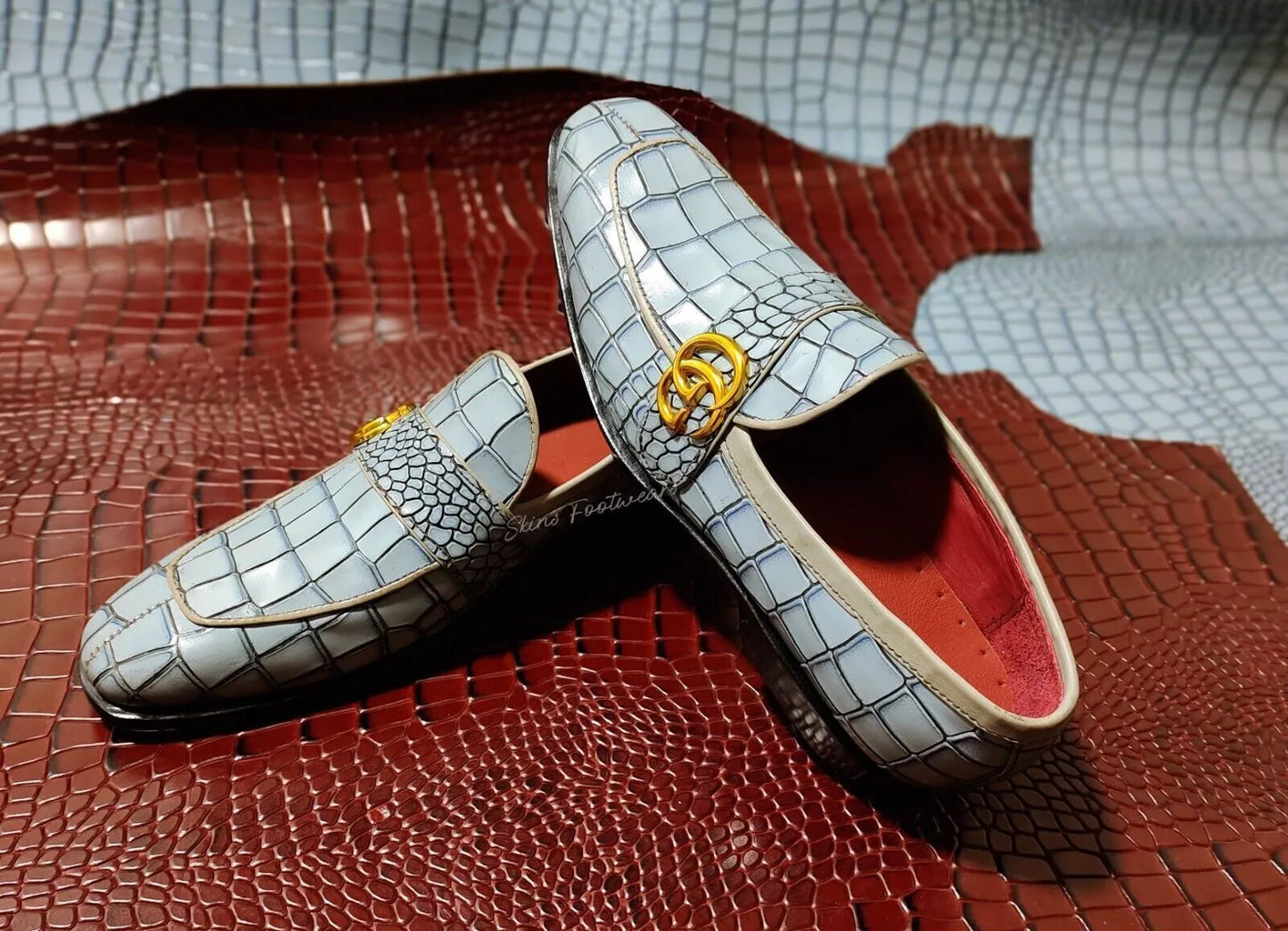 Handmade Premium Quality Alligator Print Leather Moccasin Matching with Belt