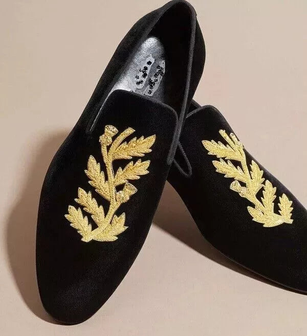 Men's Shoes Handmade Black Velvet Formal Casual Slip Ons Embroidered Loafers New