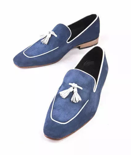 Mens Handmade Shoes Navy Blue Suede Tassels Moccasins Loafer Slip On Formal Boot