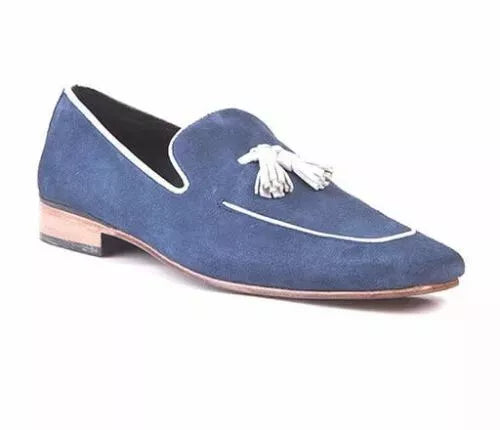 Mens Handmade Shoes Navy Blue Suede Tassels Moccasins Loafer Slip On Formal Boot