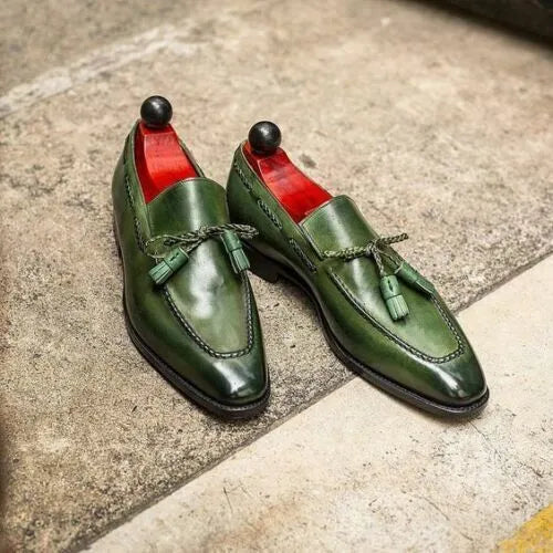 Men's Handmade Green Tassels Moccasin Dress Business Shoes Real Leather Shoes