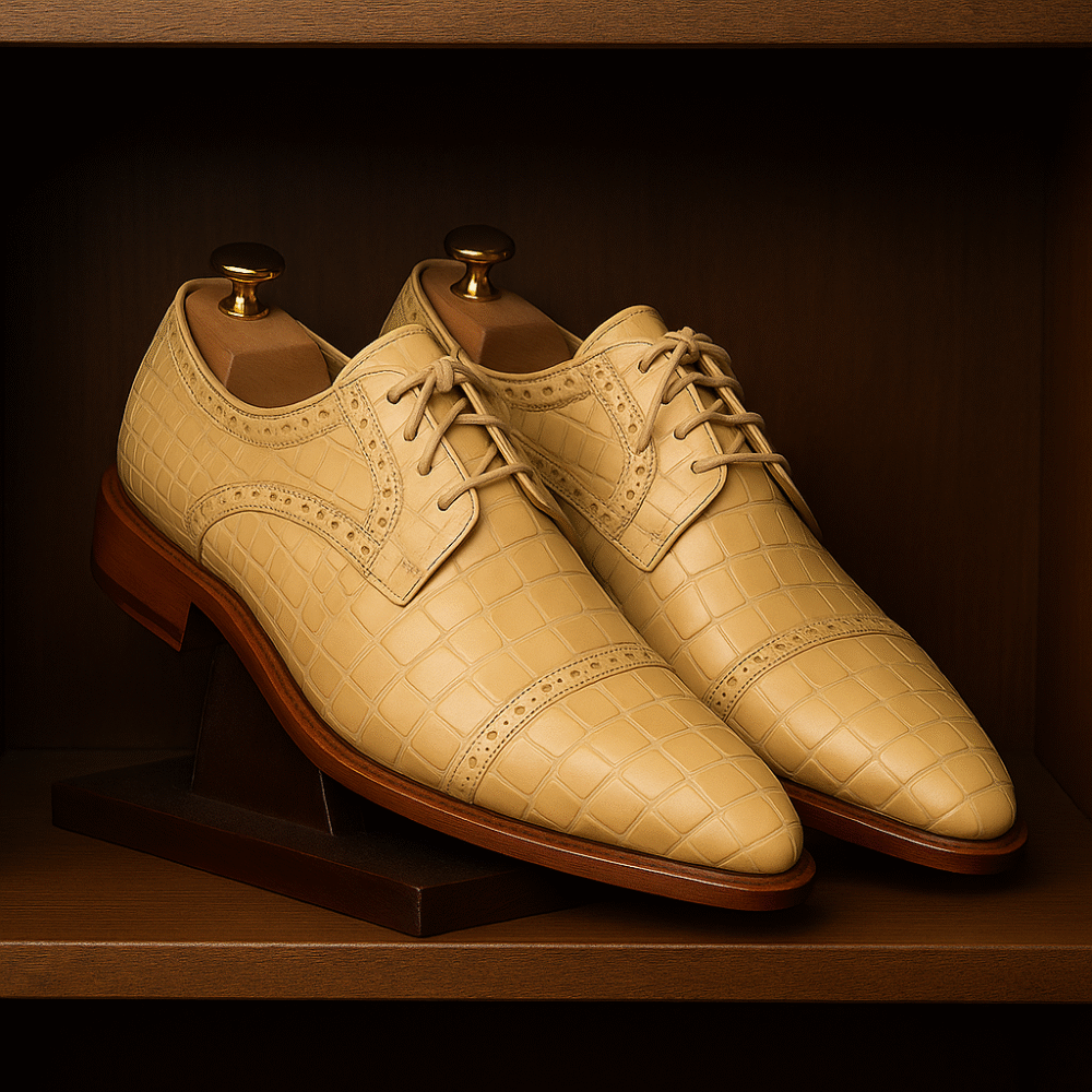 Crocodile embossed leather shoes Handmade leather Oxford shoes Men’s luxury dress shoes Formal leather shoes for men Premium genuine leather shoes Beige Oxford shoes Designer men’s wedding shoes Elegant formal shoes for men Classic brogue leather shoes Best leather shoes for men online
