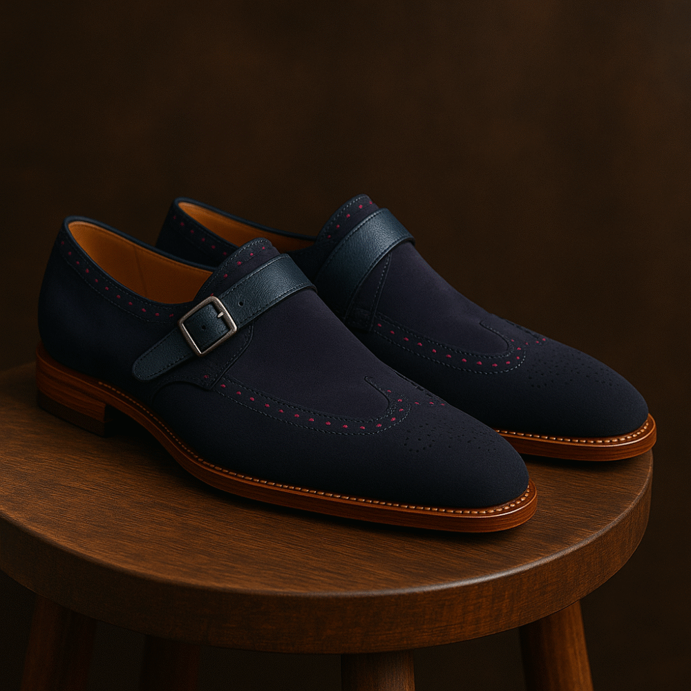 Men’s Navy Suede Monk Strap Dress Shoes – Handmade Leather Sole | Formal & Wedding Footwear