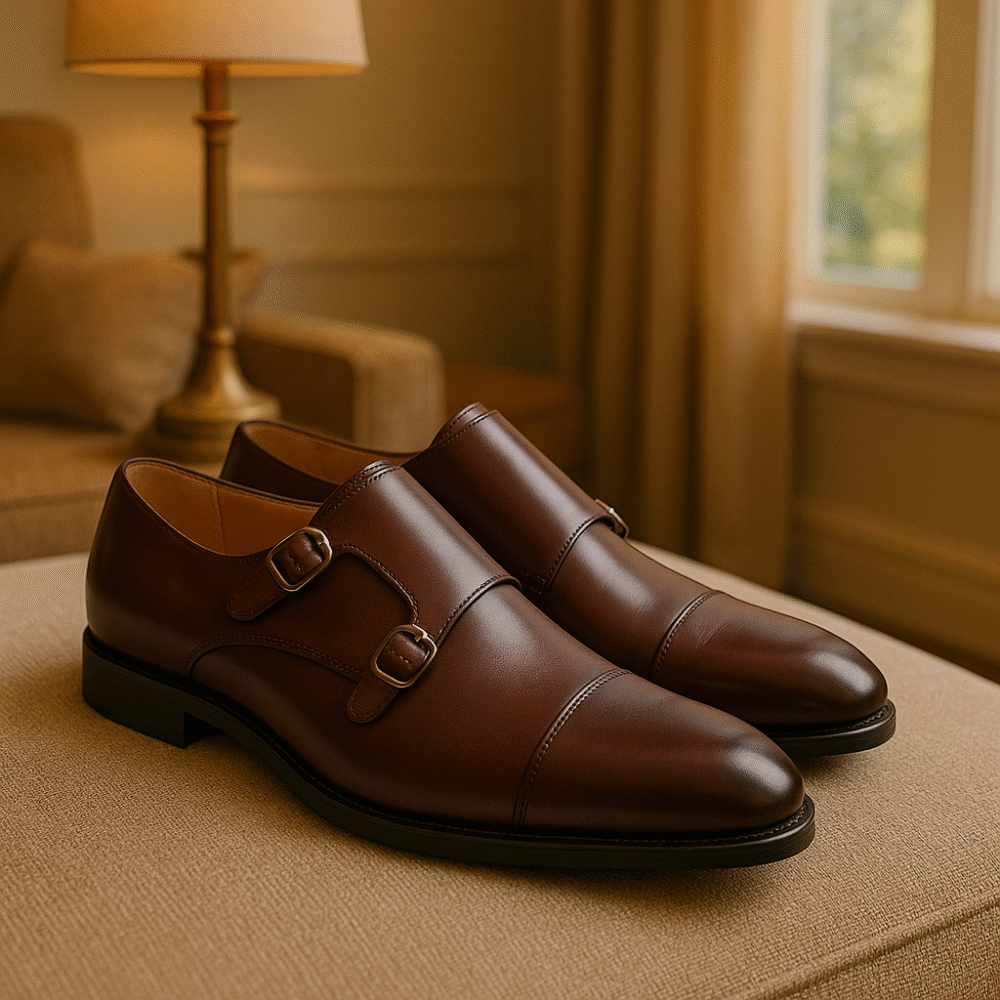 Premium Brown Leather Double Monk Strap Shoes for Men – Handmade Formal Dress Shoes | Elegant Buckle Closure Footwear - Image 4