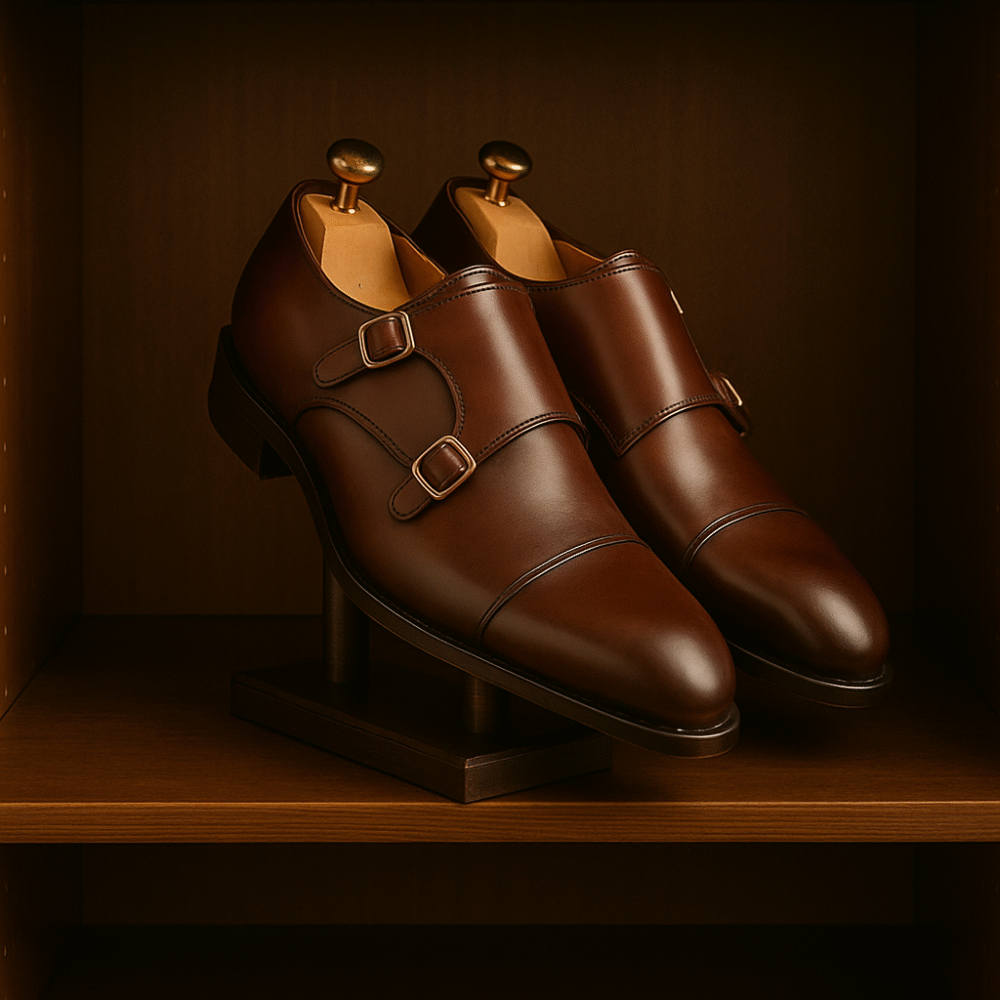 Premium Brown Leather Double Monk Strap Shoes for Men – Handmade Formal Dress Shoes | Elegant Buckle Closure Footwear