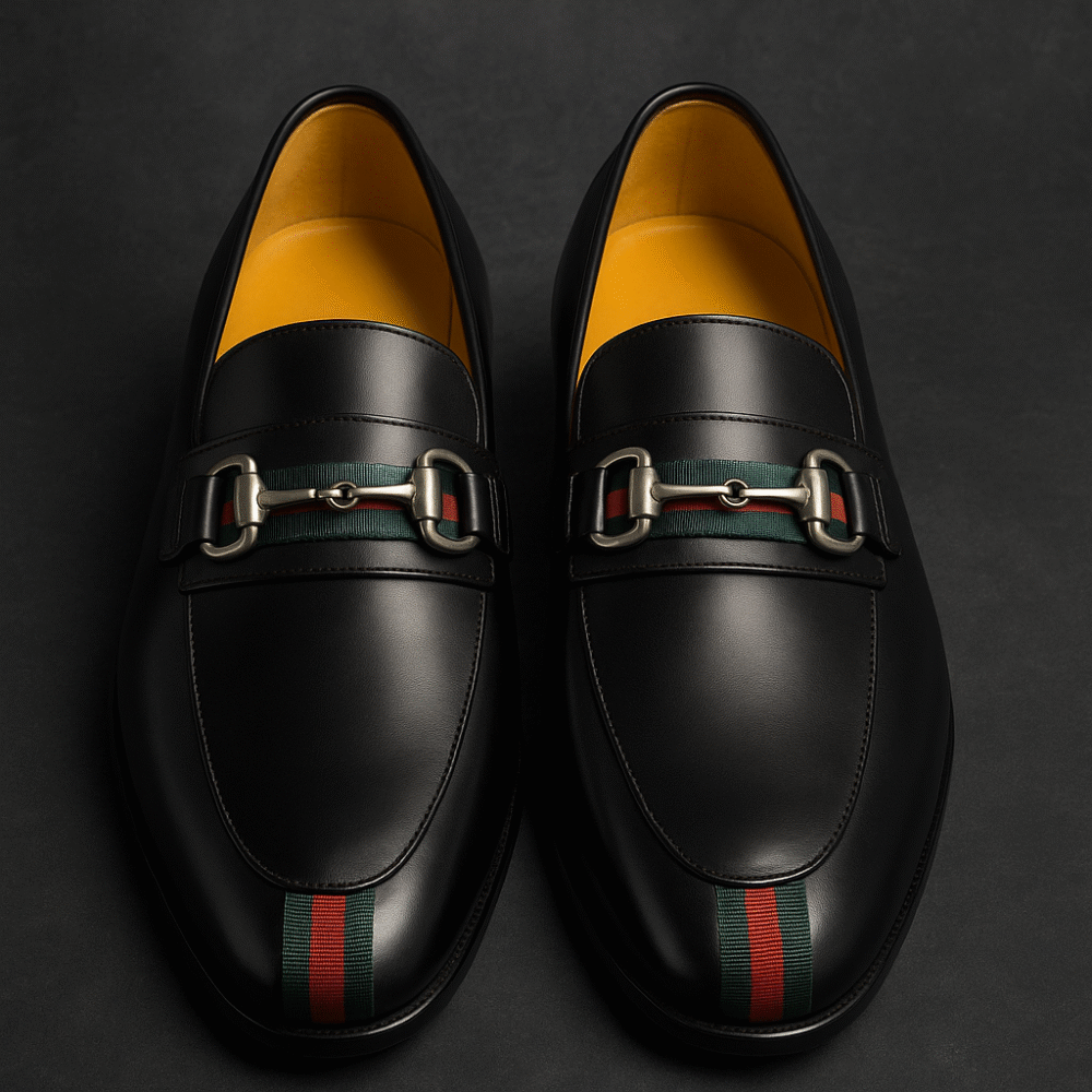 Premium Men’s Black Leather Loafers with Red & Green Strap