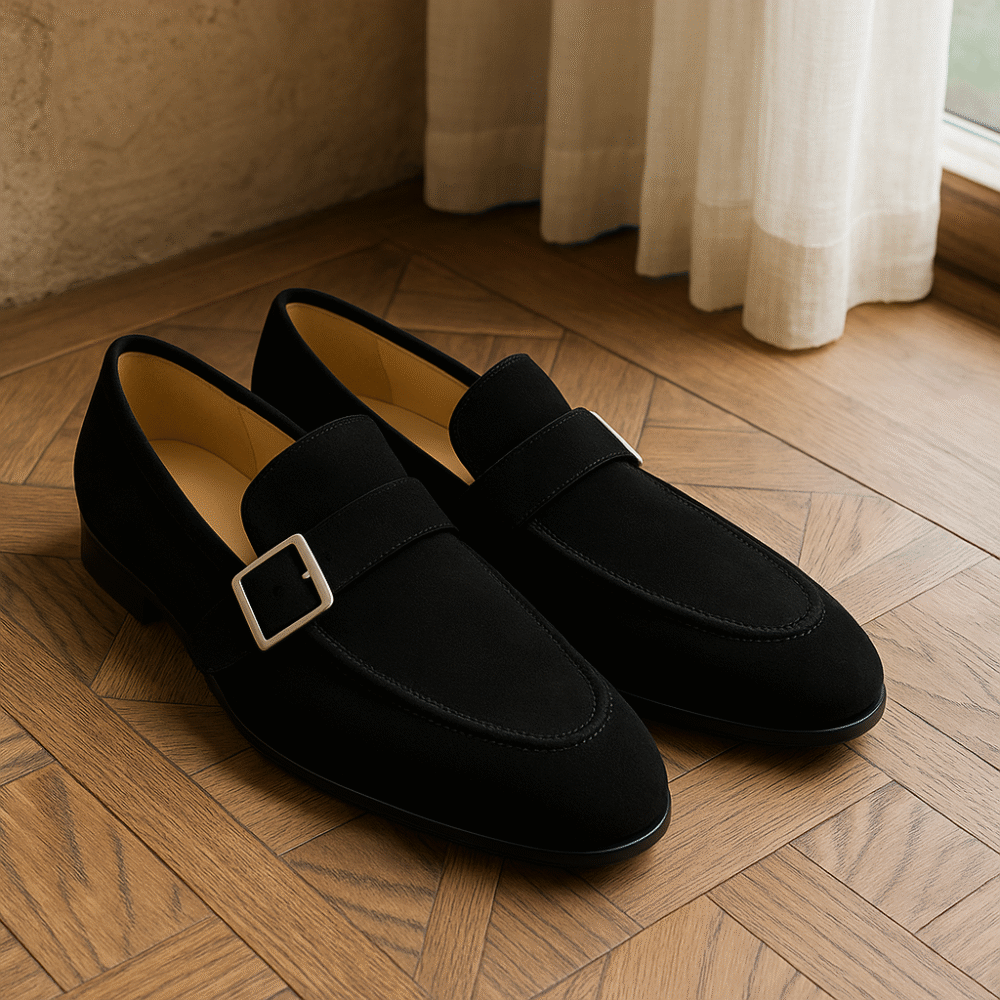 Men’s Black Suede Leather Loafers with Buckle | Handmade Formal Shoes