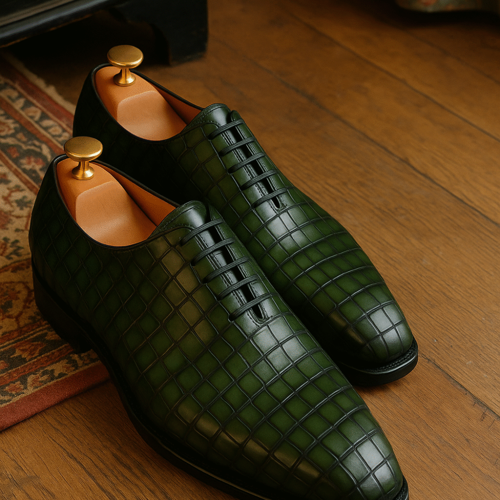 Shop premium handmade green leather dress shoes for men. Perfect for weddings, business, and formal events. Worldwide shipping available.