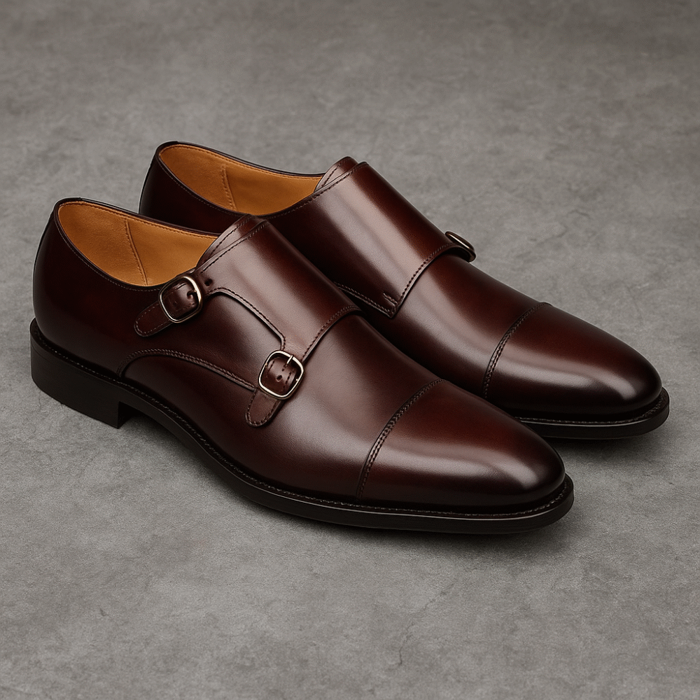 Premium Brown Leather Double Monk Strap Shoes for Men – Handmade Formal Dress Shoes | Elegant Buckle Closure Footwear - Image 2
