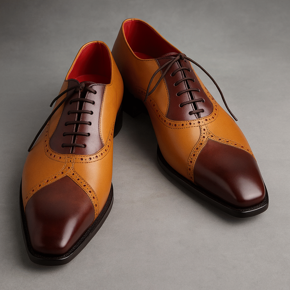 Premium Handmade Two-Tone Leather Oxford Shoes for Men – Tan & Brown | Formal Dress Shoes | Luxury Brogues