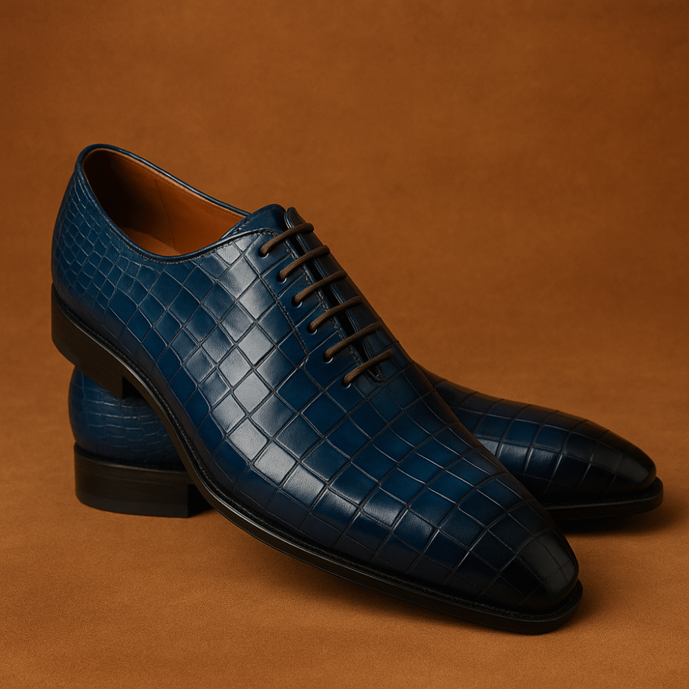 Men's Blue Textured Leather Oxford Shoes – Handmade Luxury Formal Wear