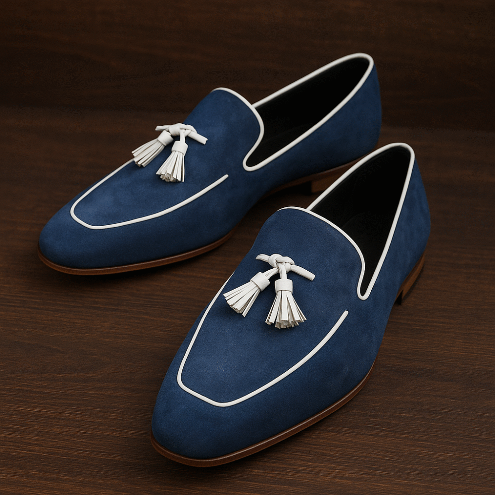 Luxury Men's Blue Suede Leather Loafers with Tassels | Handmade Slip-On Dress Shoes
