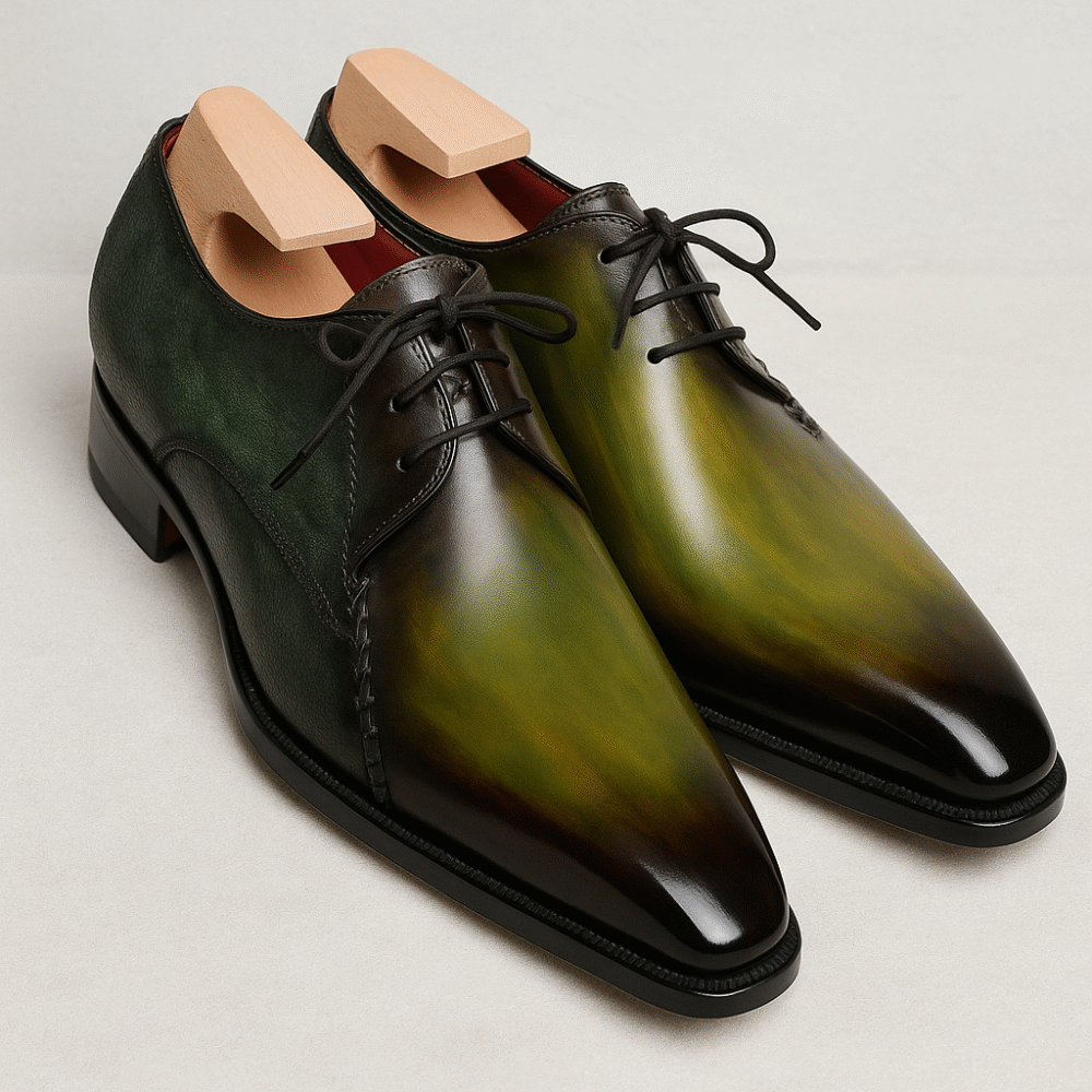 luxury leather shoes, green patina oxford shoes, men’s dress shoes, handmade formal shoes, Italian leather shoes, mens oxford shoes leather, premium leather shoes for men, worldwide shipping men shoes, formal leather shoes handcrafted, designer shoes for men