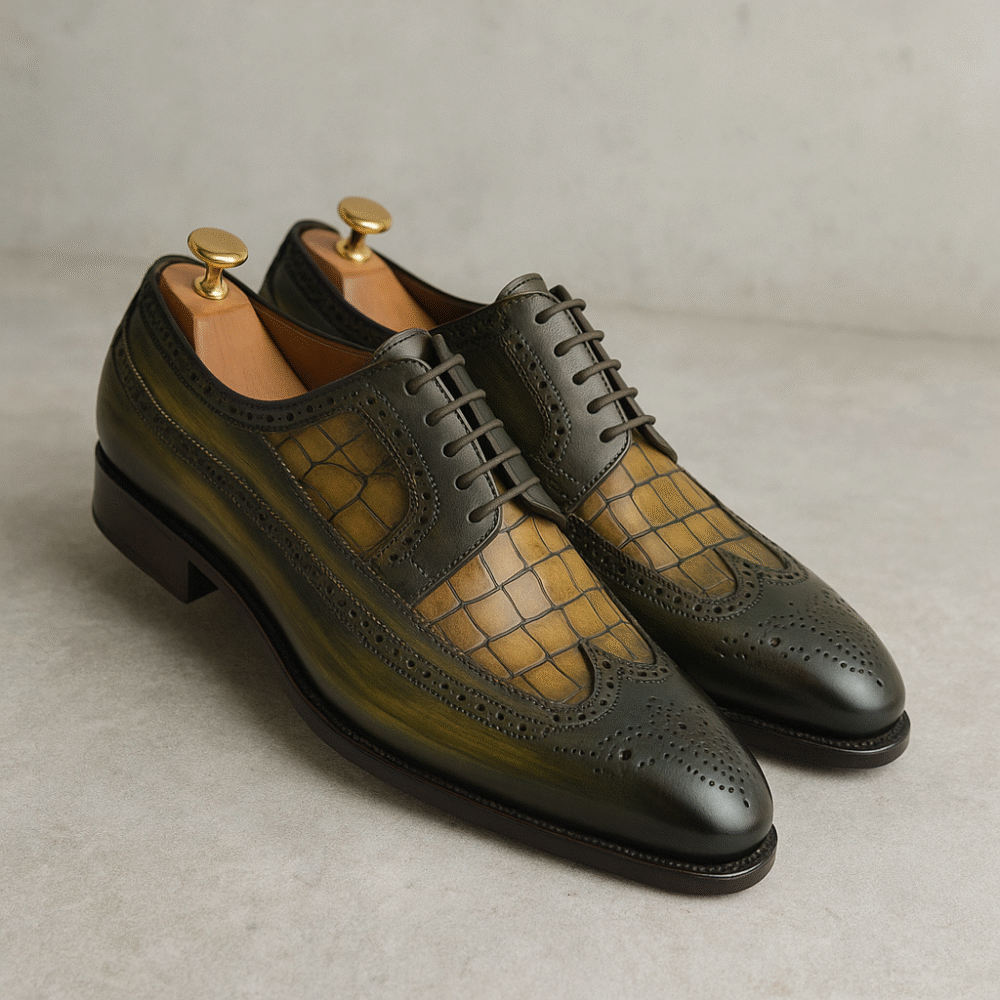 Luxury Handmade Crocodile Embossed Leather Brogue Shoes for Men – Premium Oxford Dress Footwear for Formal & Wedding Wear