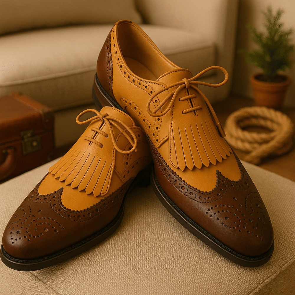 Premium Two-Tone Leather Brogue Shoes for Men – Handmade Formal Wingtip Oxford Dress Shoes with Fringe – Tan & Brown Stylish Men's Footwear