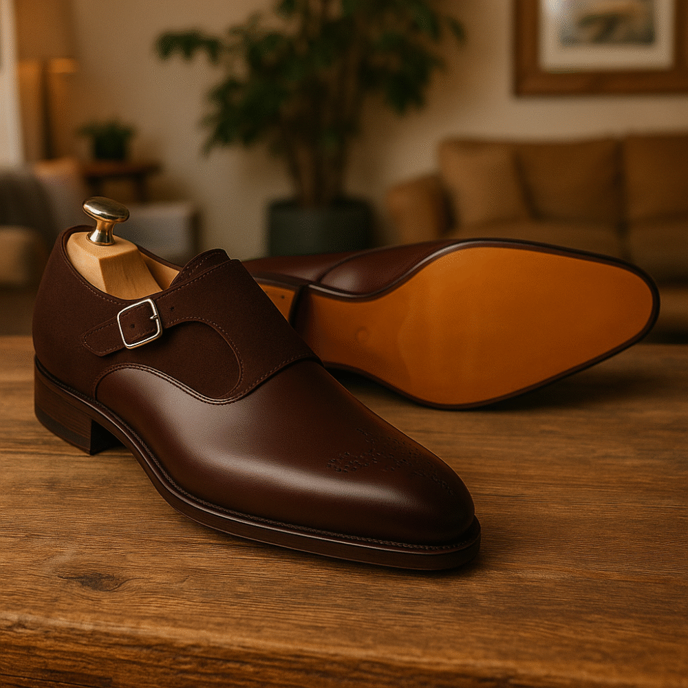 Premium Handmade Brown Monk Strap Leather Shoes for Men – Formal Dress Shoes with Elegant Brogue Detailing