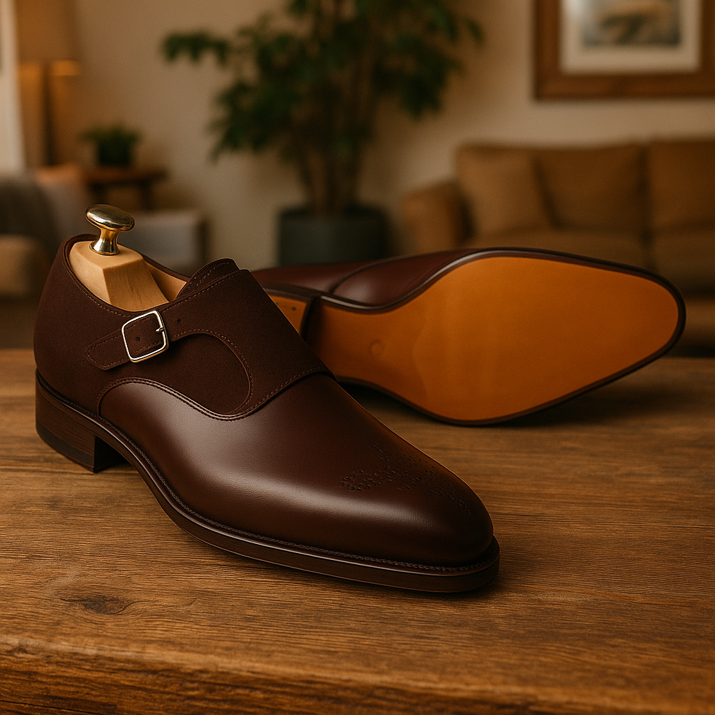 Premium Handmade Brown Monk Strap Leather Shoes for Men – Formal Dress Shoes with Elegant Brogue Detailing