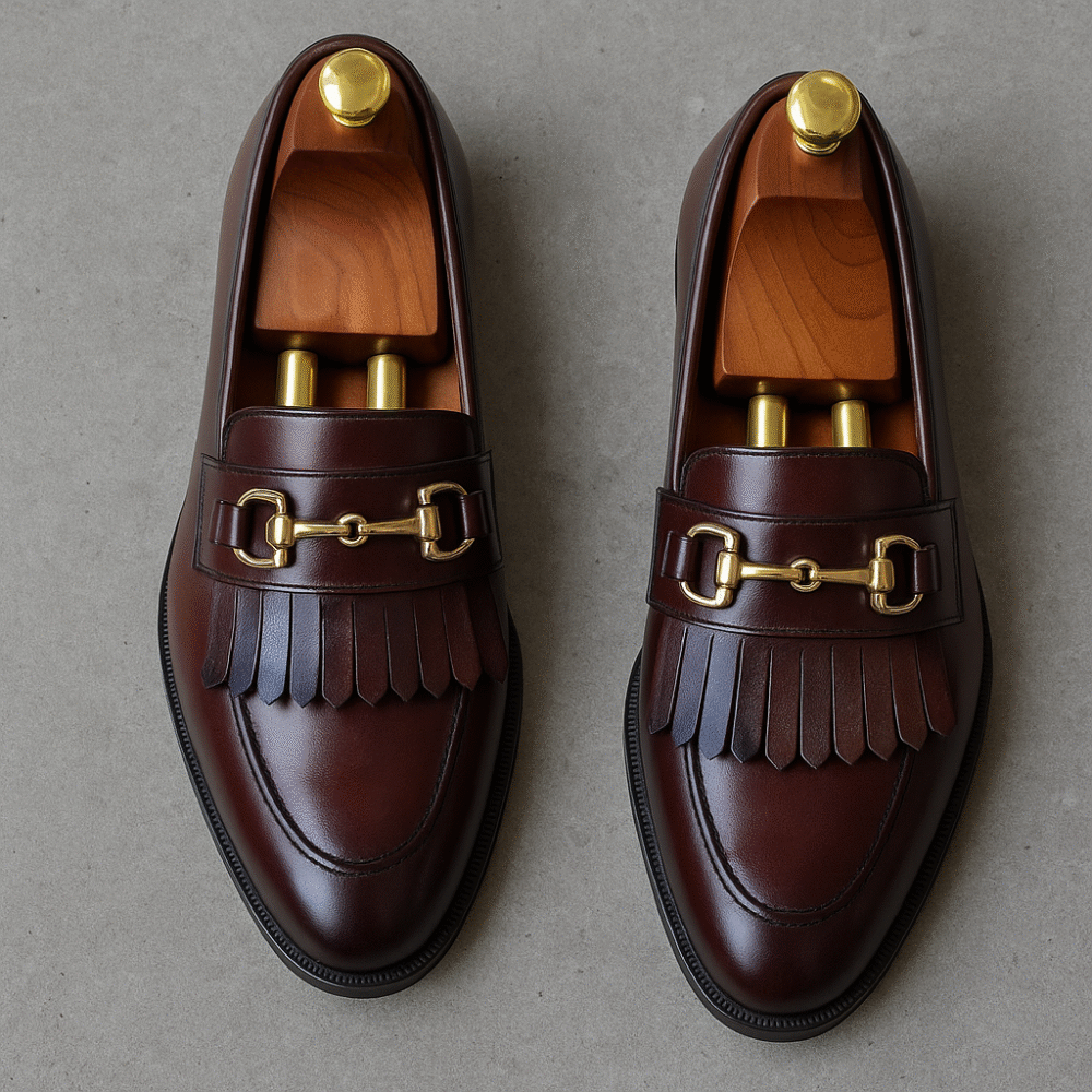 Handcrafted Burgundy Leather Loafers for Men – Luxury Tassel Dress Shoes with Gold Horsebit | Premium Slip-On Formal Footwear