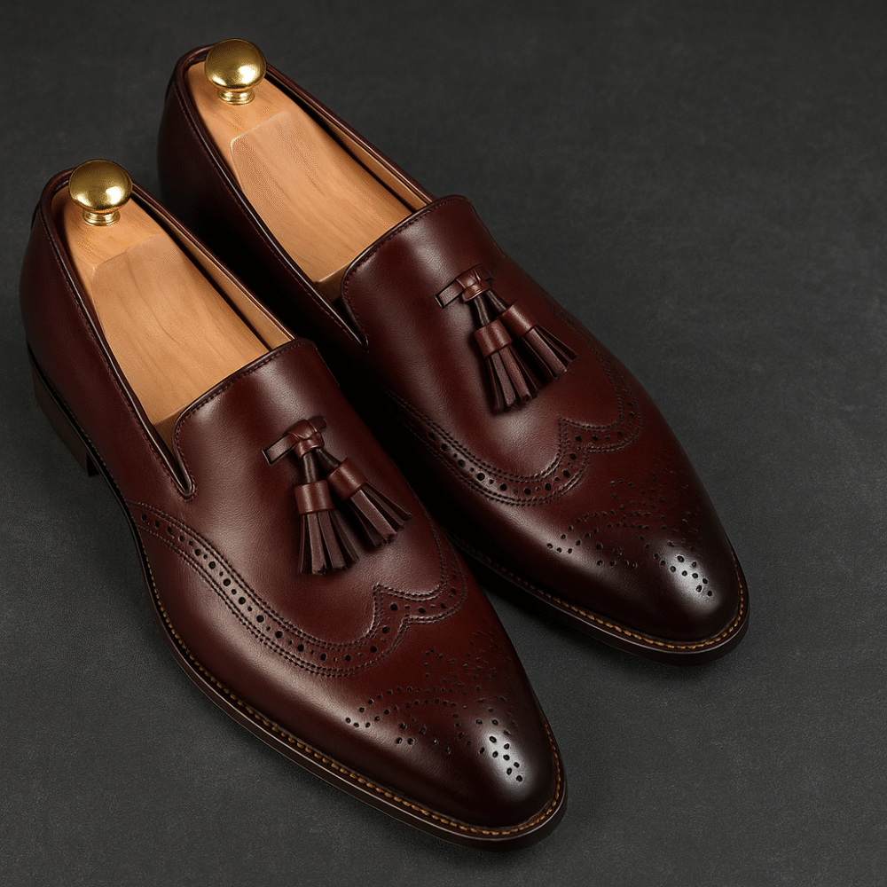 Premium Handmade Burgundy Leather Tassel Loafers for Men – Classic Wingtip Dress Shoes | Formal & Wedding Footwear | Worldwide Shipping