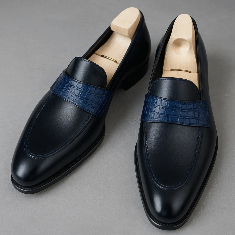 Luxury Navy Blue Leather Loafers for Men – Handmade Formal Shoes