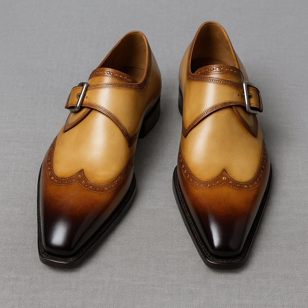 Premium Handcrafted Two-Tone Leather Monk Strap Shoes for Men – Wingtip Brogue Dress Shoes for Formal & Wedding Wear